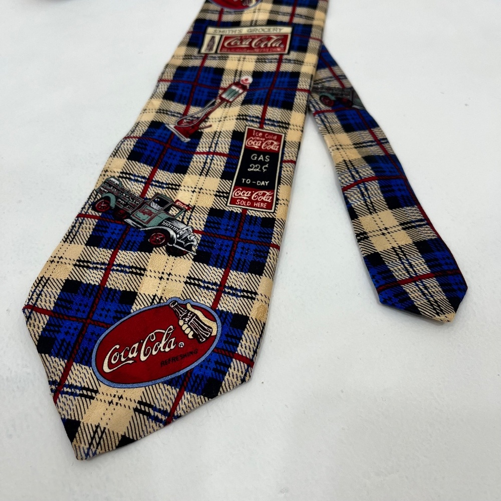 Vintage Coca-Cola Silk Tie Beige Blue Plaid 56.5" x 3.75" Stylish Classic - Picture 3 of 8